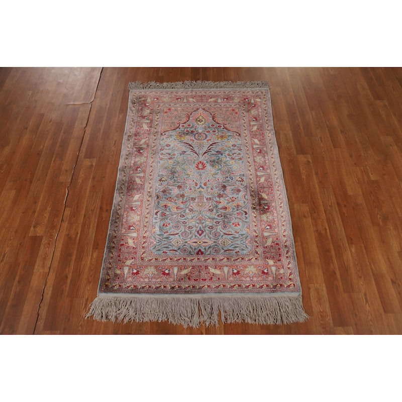 Hand Knotted Oriental Silk Carpet Traditional Floral Navy Blue & Blues Hereke Area Rug - 4' 10'' X 3' 3''