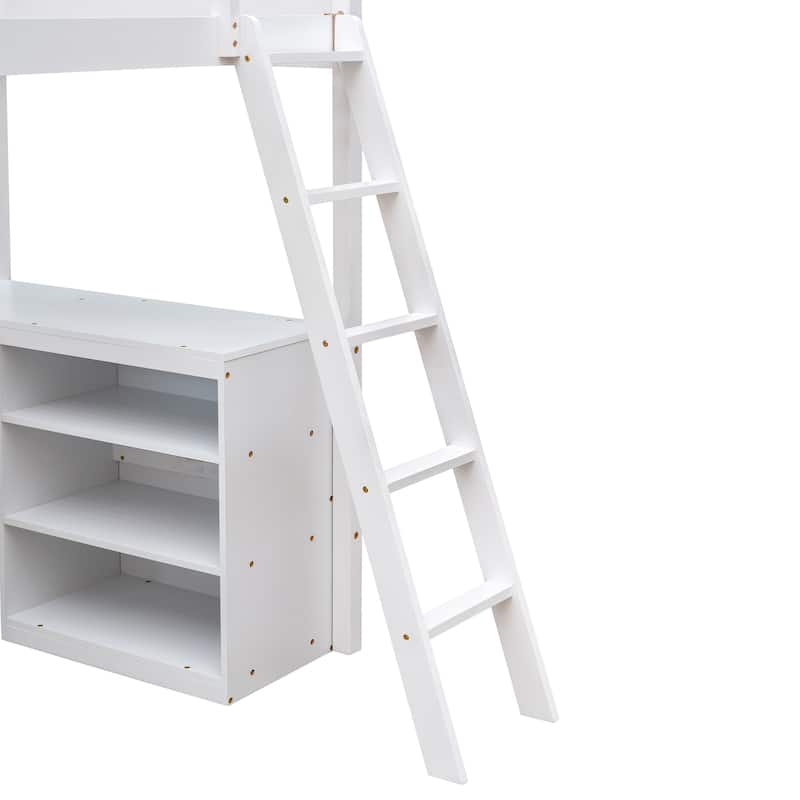 Wooden Twin Loft Bed with Desk, Shelves and Guardrails, Space Saving Design for Kids and Teens