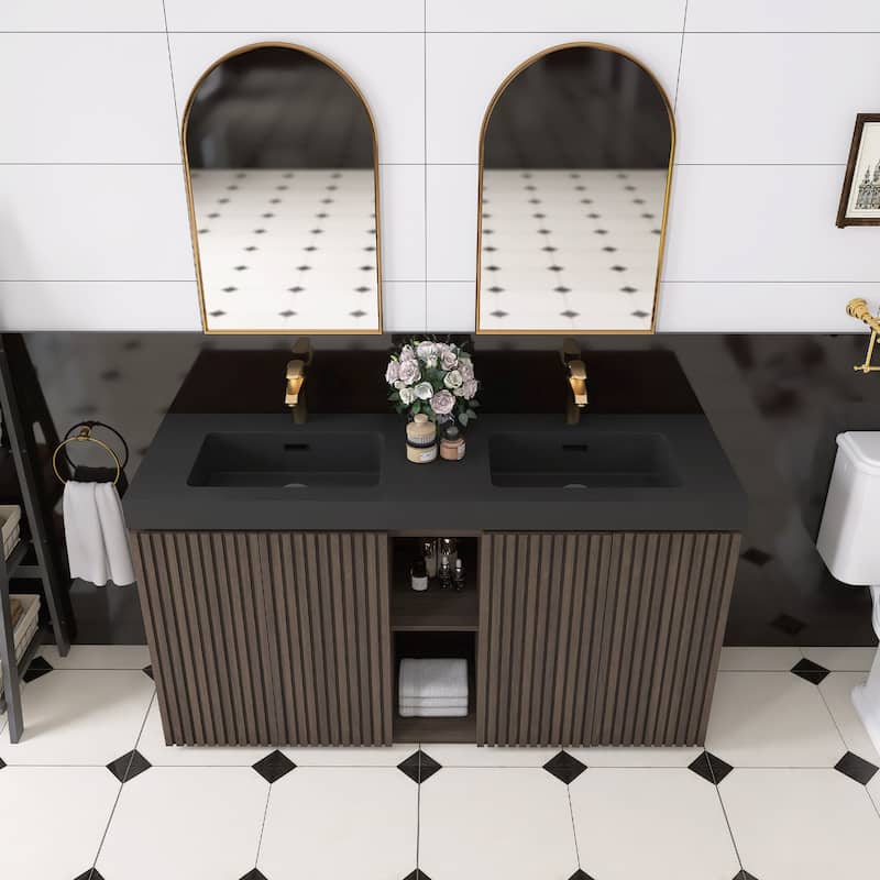 59.6'' Freestanding Bathroom Vanity with Black Integrated Solid Surface Sink in Smoked Oak - 59.49'' x 19.11'' x 36.45''
