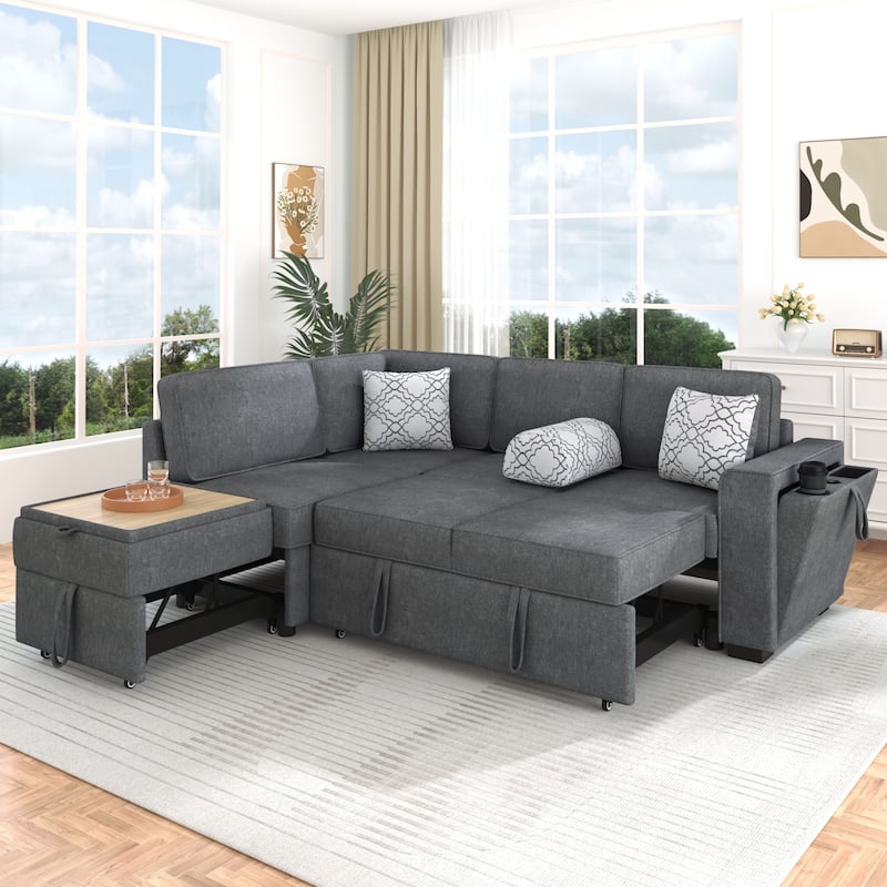 Convertible Multifunctional L-Shaped Sectional Sofa Bed with Dual Pull-Out Sleepers by Harper&Bright Designs - Dark Gray