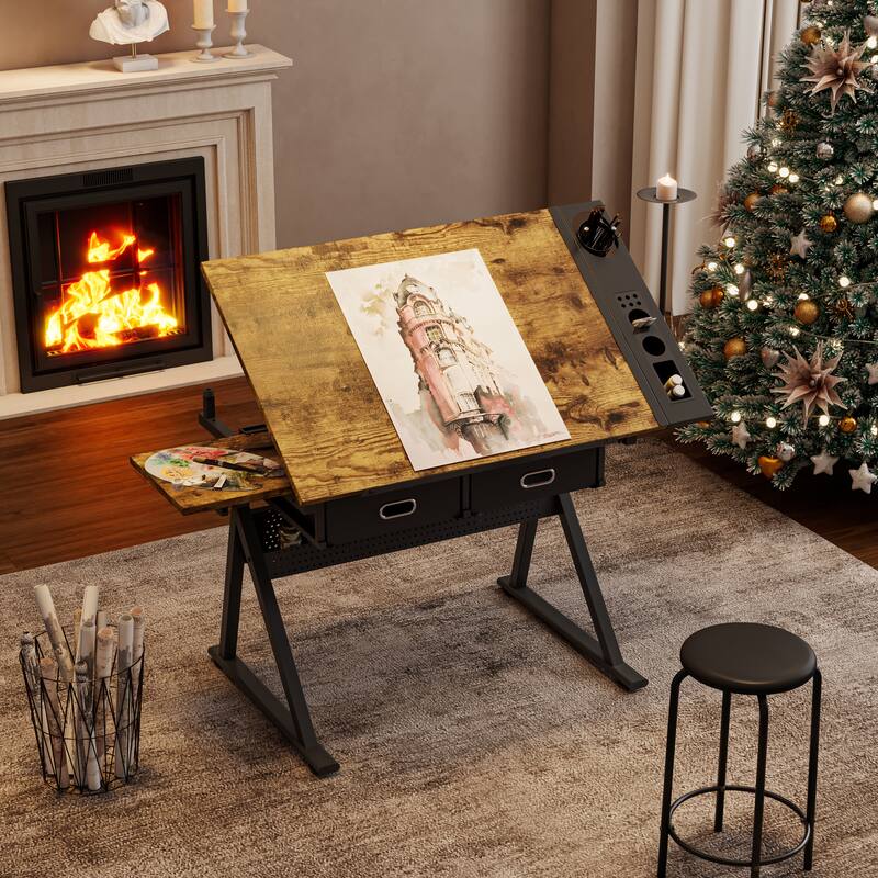 Adjustable drawing drafting table desk with 2 drawers for home office and school with stool