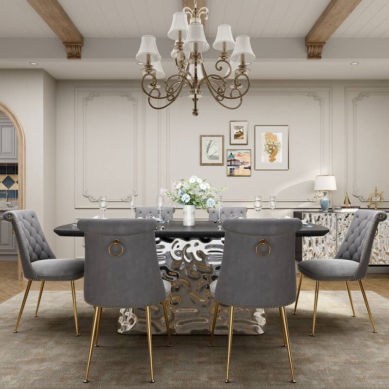 7-Piece Clihome Modern Stainless Steel Table Velvet Chair Dining Set