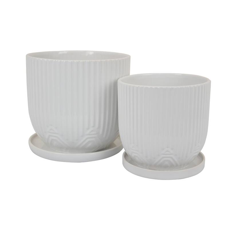 Set of 2 Elegant White Ceramic Planters Ribbed Design Geometric Base - White