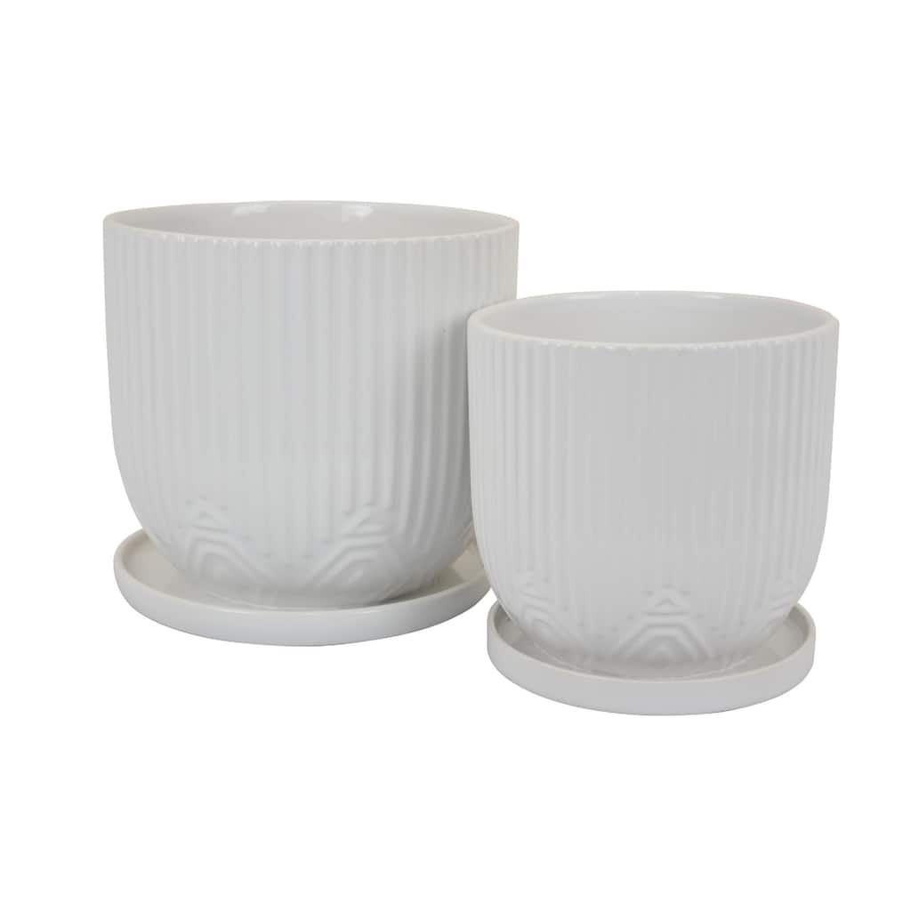 Set of 2 Elegant White Ceramic Planters Ribbed Design Geometric Base