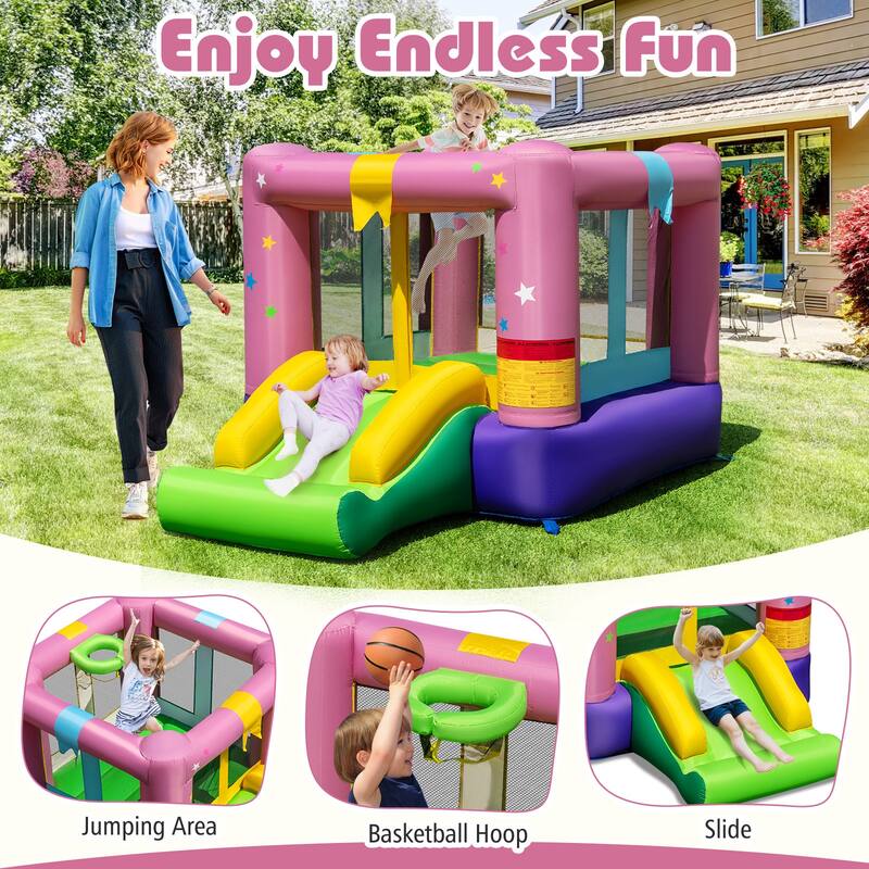 Multi-Color Outdoor and Indoor Kids Inflatable Bounce House with Slide Basketball Hoop and Safety Mesh