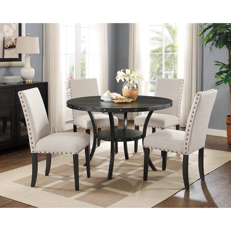 Modern 5-Piece Dining Set with Shelf & 4 Upholstered Chairs - Black+Beige