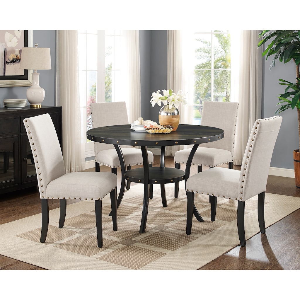 Upholstered Dining Chairs with Nailhead Trim, Round Dining Table with Storage Shelves, Table and Chair Set