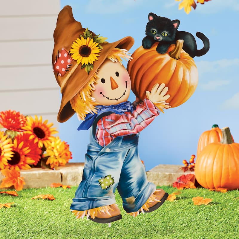 Scarecrow Pumpkin and Cat Outdoor Garden Stake - NO SIZE - Orange - NO SIZE