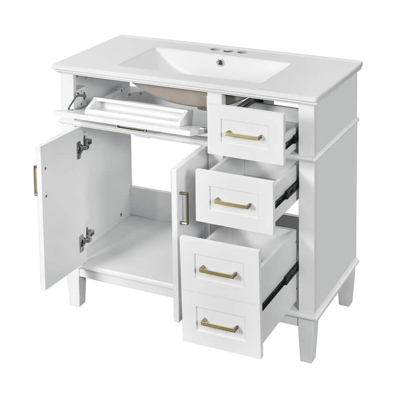 Roomfitters 36" Modern Bathroom Vanity with Ceramic Sink, Soft Close Doors, 4 Drawers for Storage, Elegant Design
