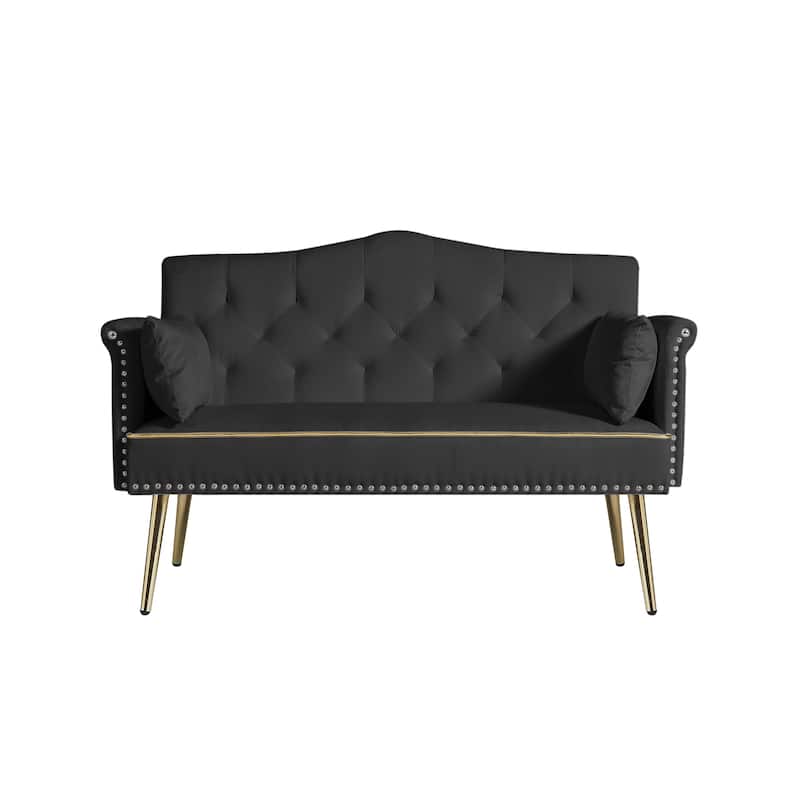 Velvet Loveseat Tufted Couch with 2 Pillow Upholstered Deep Seat Sofa Rivet Arm Lounge Couch Living Room 2 Seater Couch