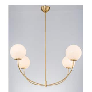 4-Light Modern Elegant Curved Adjustable Chandelier in Brass Finish with Milk White Glass Globe Shades