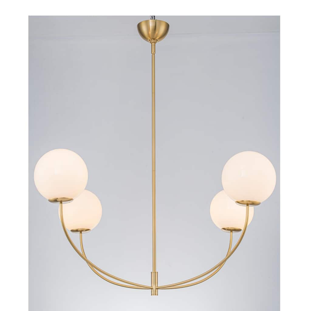 4-Light Modern Elegant Curved Adjustable Chandelier in Brass Finish with Milk White Glass Globe Shades