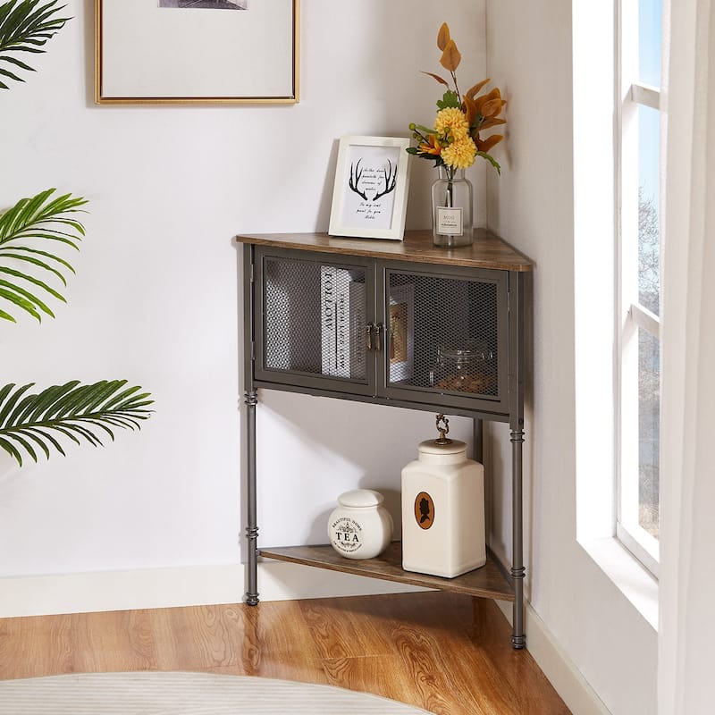 VECELO 3-Tier Corner Shelf with Storage Cabinet and Doors, Metal Frame Corner Cabinet