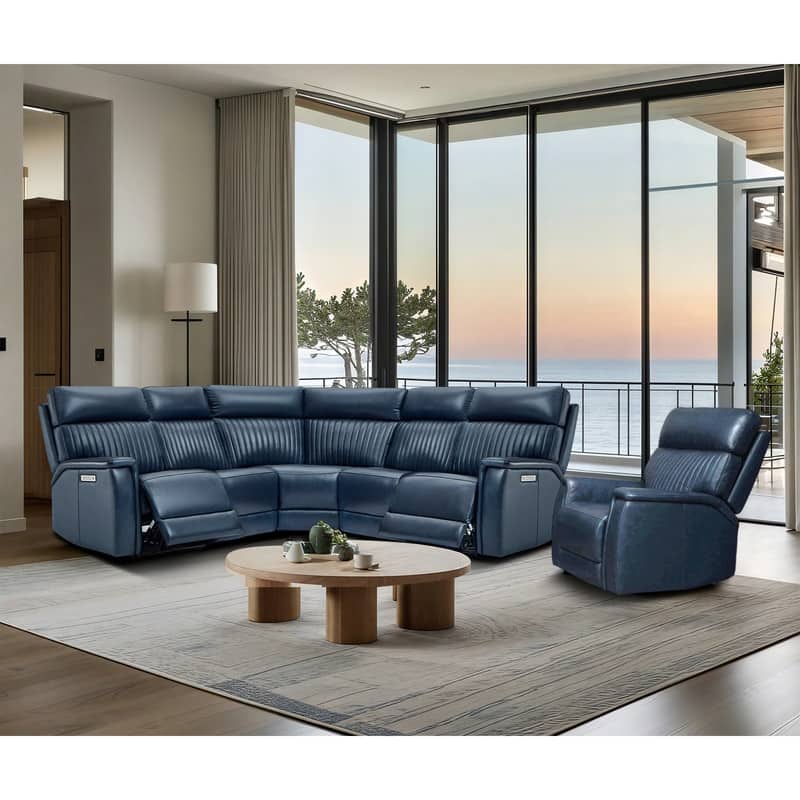 105" W Genuine Leather Power Reclining Sectional and Recliner Sofa Set with USB&USB-C Port, 2 Stationary Armlesschairs - Blue