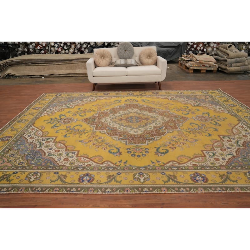 Hand Knotted Oriental 100% Wool Carpet Traditional Floral Yellow & Gold Tabriz Area Rug - 12' 3'' X 9' 7''