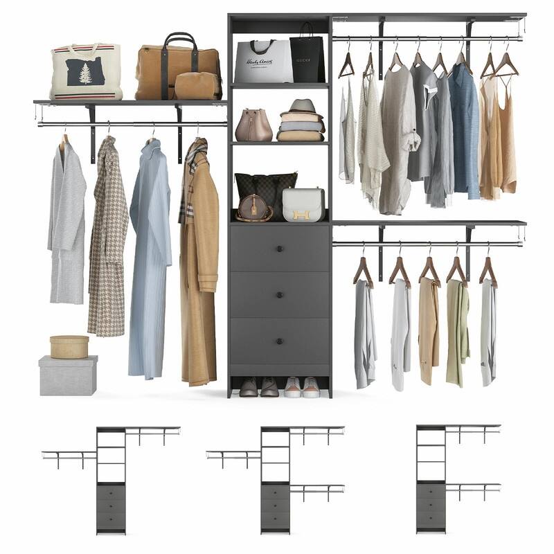 High-Capacity Closet Organizer Wardrobe Rack with Drawers, Shelves & Expandable Hanging Rods (Fits 6-9 ft Spaces) - Grey