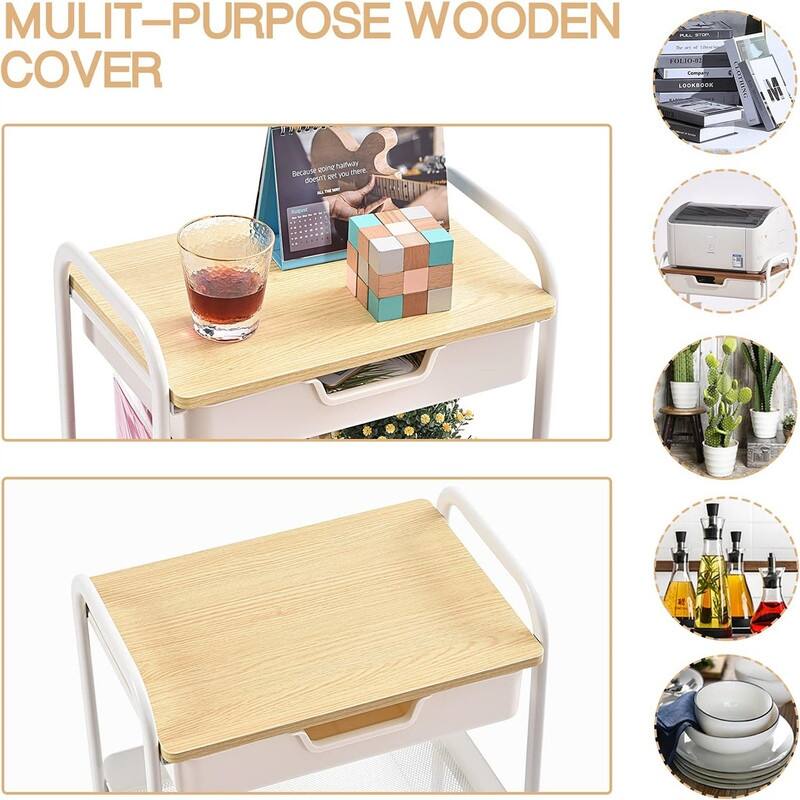 3 Tier Utility Rolling Cart with Wooden Board and Drawer - 11.8"D x 18.5"W x 30.3"H