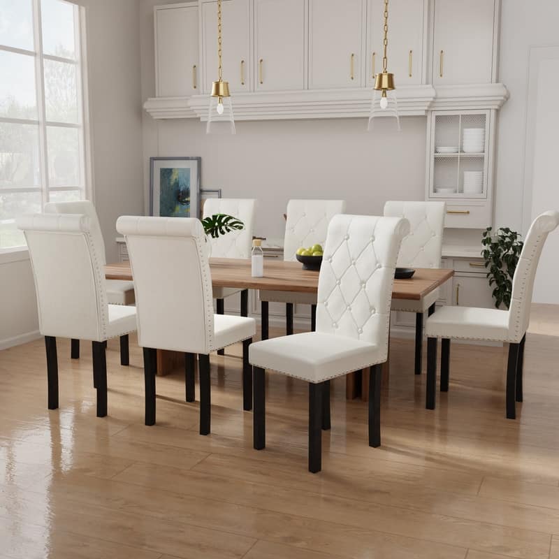 High-Back Tufted Nailhead Upholstered Dining Chairs (Set of 8) - Beige Linen