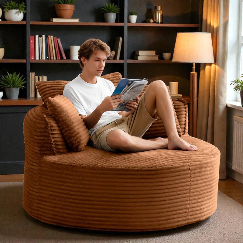 Round Accent Chair, Corduroy Boneless Deep Seat Floor Lounge Chair with 3 Pillows, No Assembly - Orange