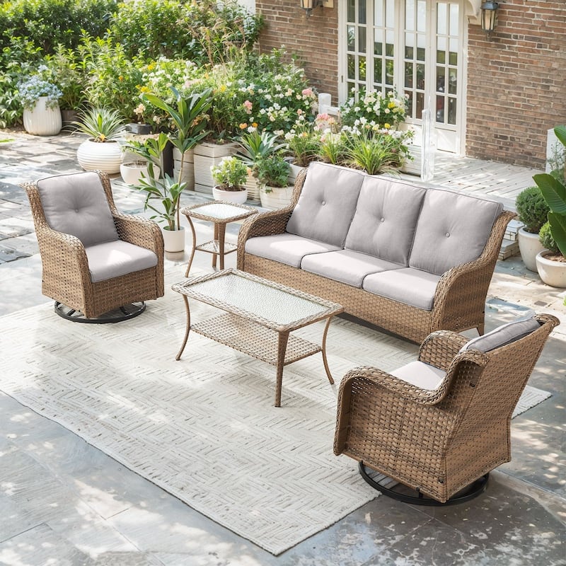 Pocassy 5 Pieces Outdoor 4 Inch Sofa Swivel Chairs Table - Beige cushion - Yelllow Wicker