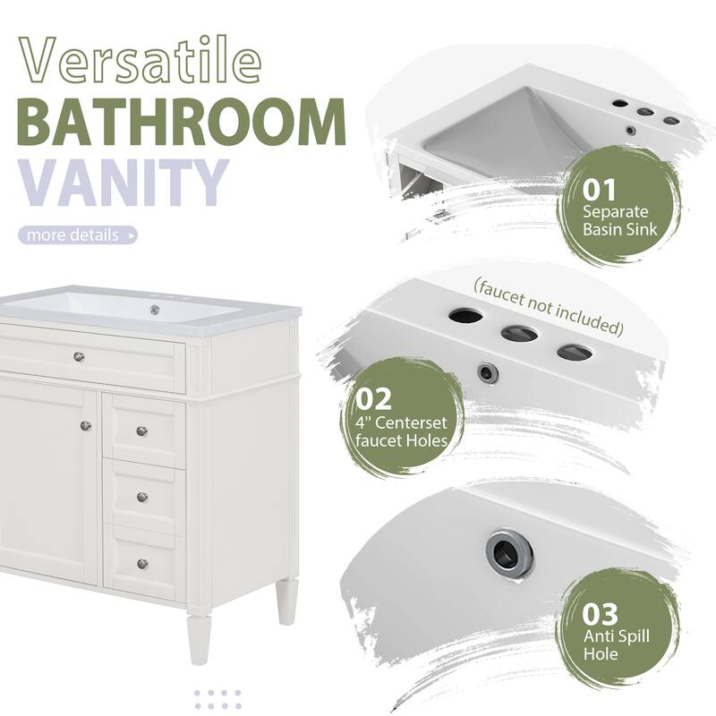 GDFStudio - Montvale Modern Freestanding Bathroom Vanity Set with Mirror Cabinet, Resin Sink & a Tip-out Drawer - 30'W