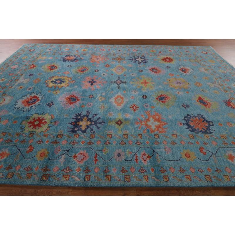 All-Over Blue Oushak Oriental Area Rug Hand-Knotted Wool Carpet - 9'0" x 11'11"