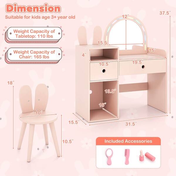 dimension image slide 0 of 2, Costway Princess Bunny Makeup Table with Lighted Mirror, Open Shelves - See Details