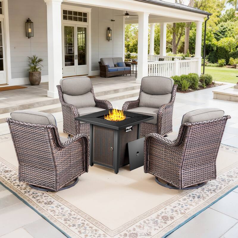 Pocassy 30 Inch Fire Pit Table with Sofa Swivel Chair Set - Gray Cushion Brown Wicker - 5-Piece Fire Pit Table w/ Swivel Chair Set