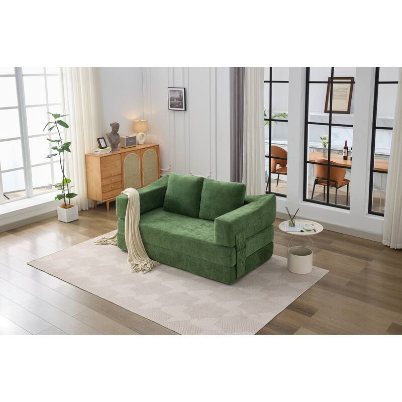 Modern Minimalist Fold-Out Sofa Bed, Convertible Chair Floor Couch, Green Chenille