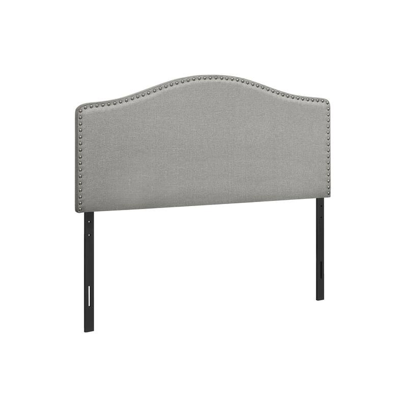 Full Size Upholstered Grey Linen Look Headboard with Chrome Trim