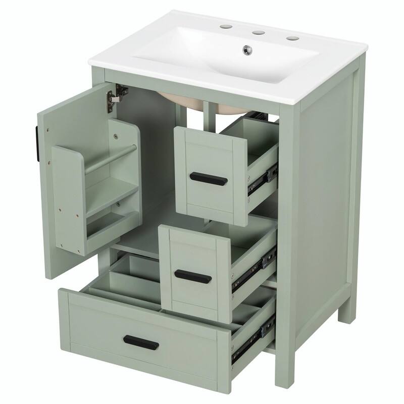 24" Modern Bathroom Vanity with Ceramic Sink, Soft-Close Door, Double-Layer Door Shelf & 3 Drawers