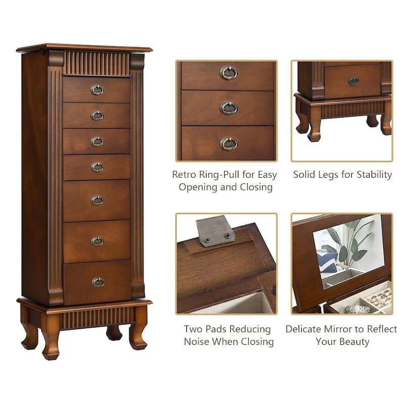 Costway Jewelry Cabinet Storage Chest Stand Organizer Necklace Wood - 14.8''(L) X9''(W) X38.6''(H)