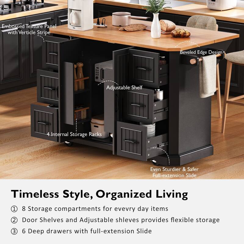 56" Kitchen Island with Rubber Wood Veneer Drop Leaf,Power Outlet,For Kitchen,Dining Room(Not Include Stools)