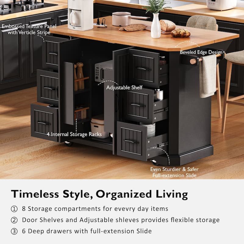 56-Inch Rolling Kitchen Island With Rubber Wood Drop Leaf, Power Outlet, 4 Shelves, 6 Drawers, Embossed Design, And 4 Wheels .