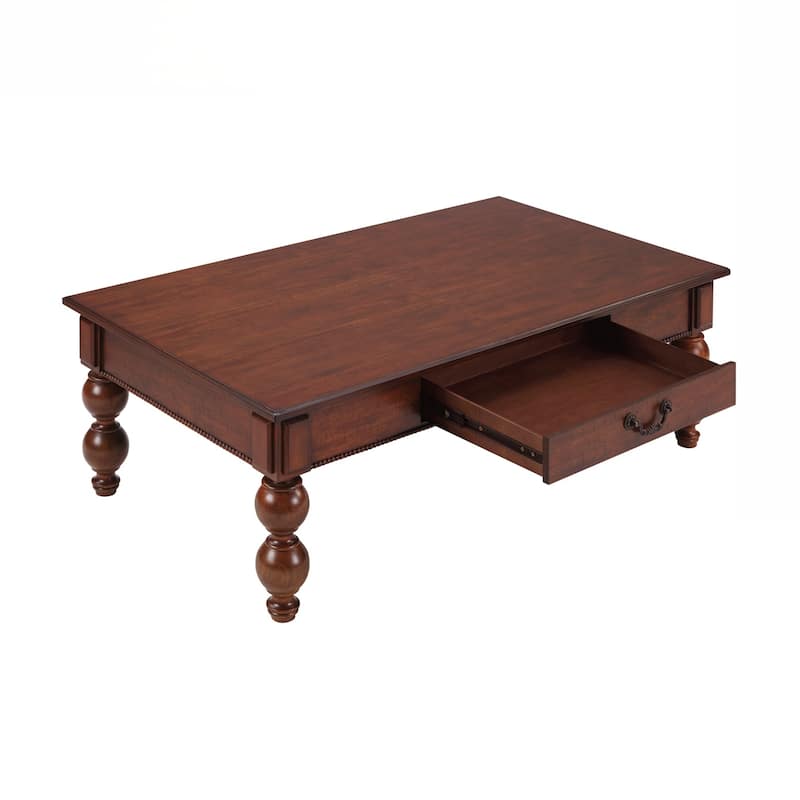 Rectangular Wooden Coffee Table with Storage Drawer, Vintage Cocktail Table with Solid Wood Gourd-Shaped Legs for Living Room