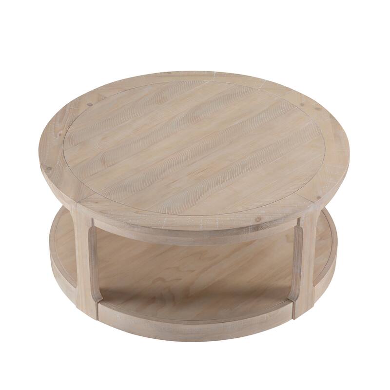 Mid-Century Rustic Style 40inch Large Curved 2 Tier Round Circle Wooden Center Coffee Table