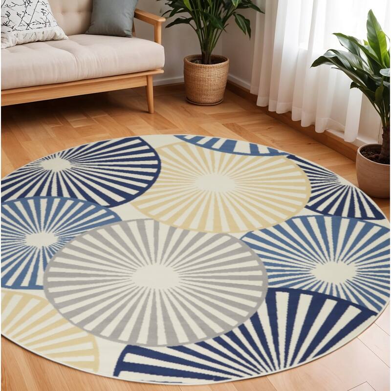 Mafuq Power Loomed Geometric Modern Durable Area Rug By HomeRoots - 96' X '96' X '0.5 - 96' X '96' X '0.5 - Oxford Blue - Round