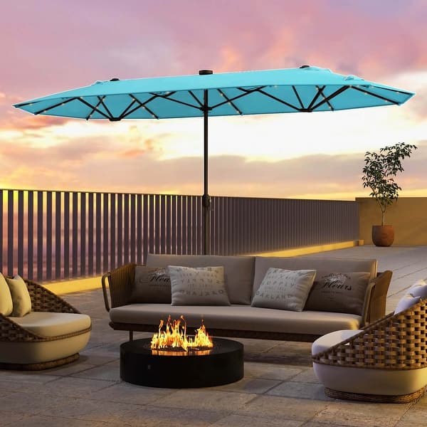Costway 13FT Double-sided Patio Umbrella with Solar Lights Crank - Turquoise