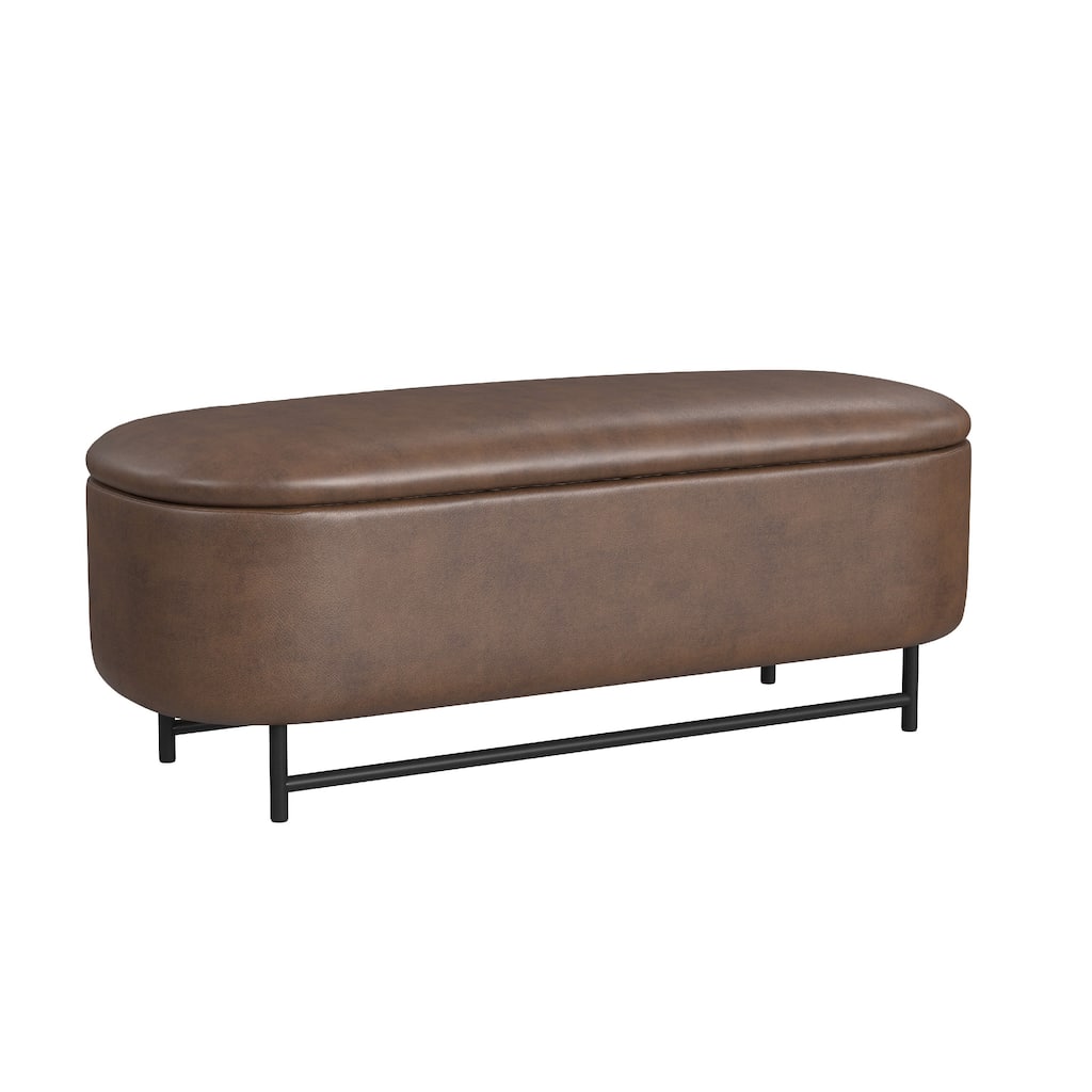 Pat Storage Bench Ottoman, Brown Faux Leather, Black Metal, 46 Inch