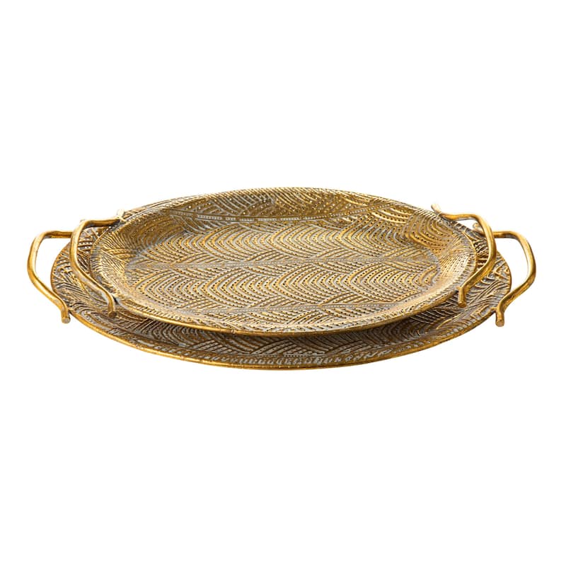 Glitzhome Set of 2 Oval Metal Gold Decorative Tray with Handles -16"/19"L