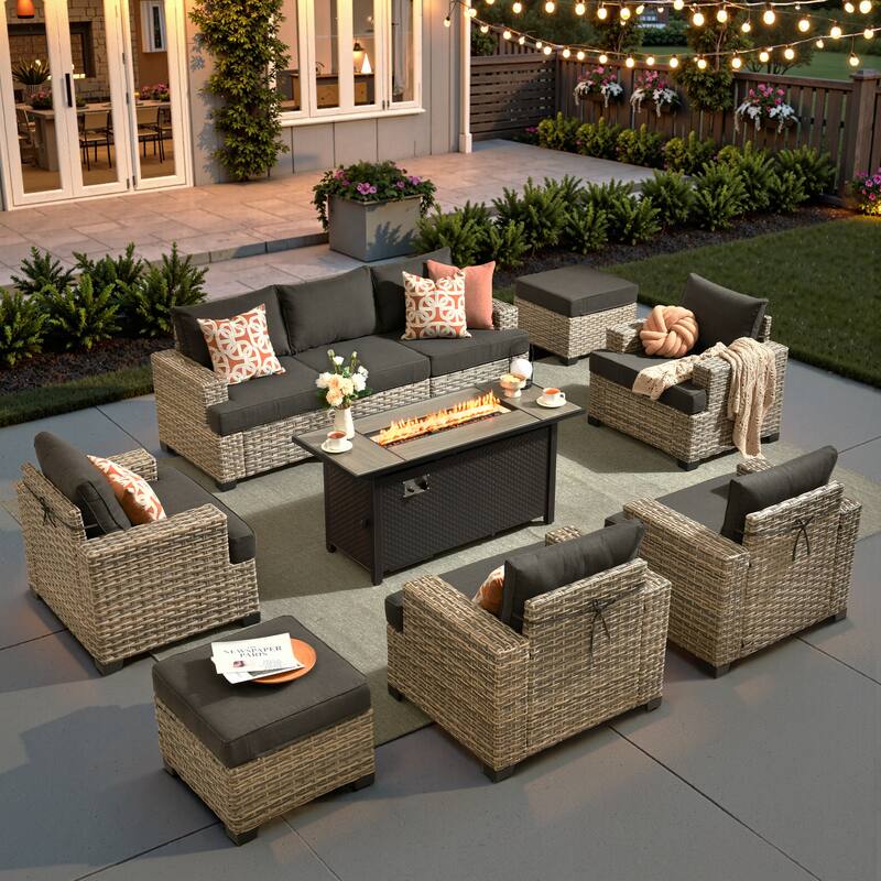 XIZZI 10-Piece Patio Wicker Furniture Sectional Set with Fire Table