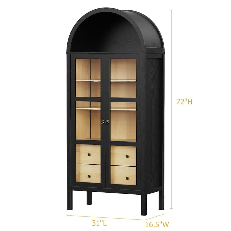 Modern Arched Cabinet with Glass Doors,72" Tall Arch Storage Cabinet with Height Adjustable Shelf and 2 Drawers Bookshelf
