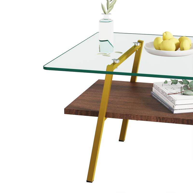 Rectangle Tempered Glass Tabletop with Gold Metal Legs - N/A