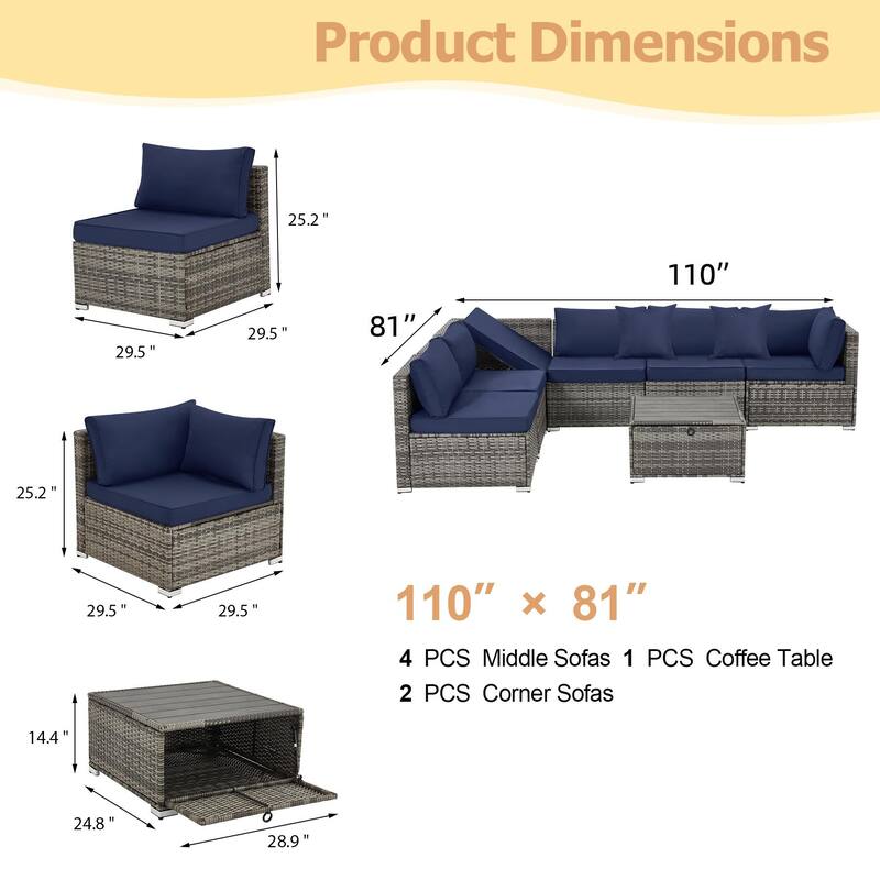 EROMMY 6/7 Piece Modular Outdoor Rattan Sofa Set, All-Weather Wicker Patio Furniture with Storage Table, Cushions & Pillows