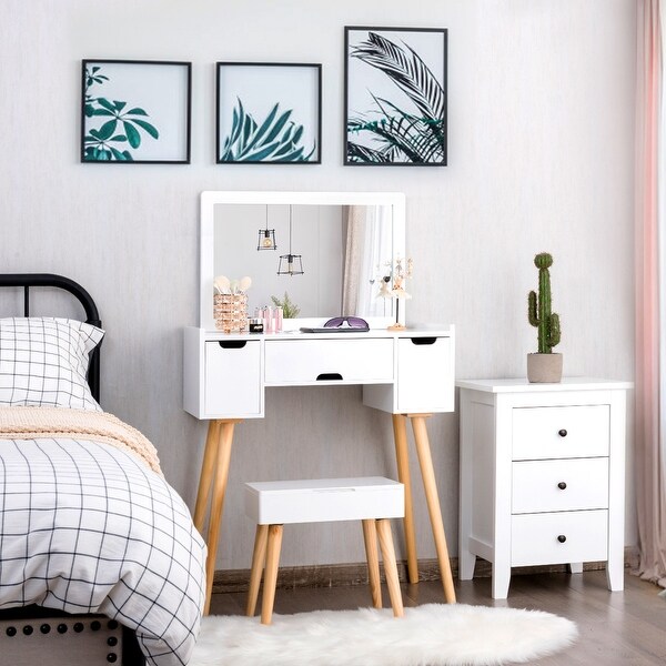 White Wooden Vanity With Mirror Makeup Dressing Table With Vanity Stool Bedroom Vanity Table With 3 Large Drawers 2 Small Drawers Bedroom Furniture Home Kitchen Guardebem Com