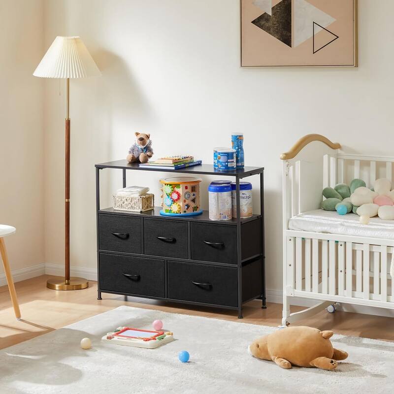 Modern 5 Fabric Drawer 11.8 in. Wide Chest of Drawers with Open Shelf & TV Stand for 45 Inch TV Living Room - Black