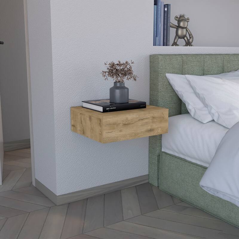 Modern Wall-Mounted Bedside Shelf with Drawer, Macadamia - Beige