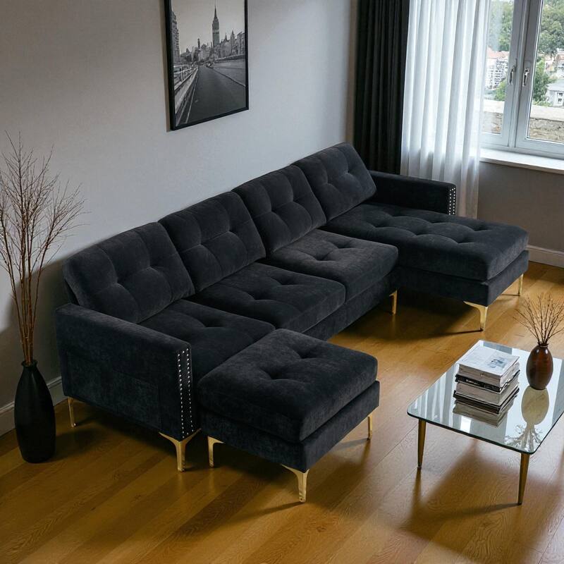 110.6" L-Shaped Convertible Velvet Sectional Sofa with Movable Ottoman and Storage Pockets for Living Room
