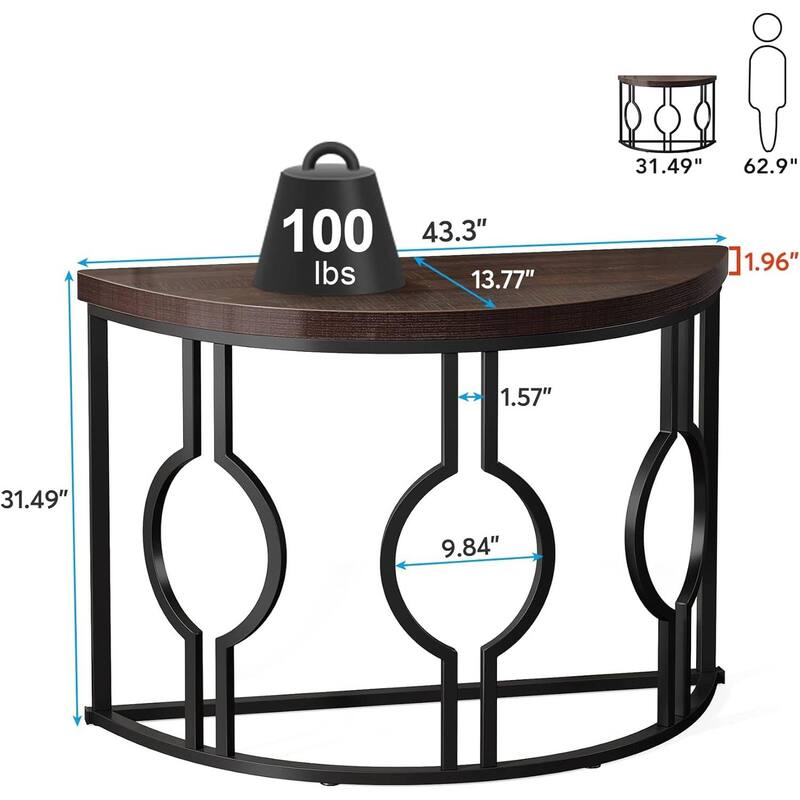Wood Metal Half Moon Accent Sofa Table with Retro Finish Frame - 13.77"W x 43.3"L x 31.49"H