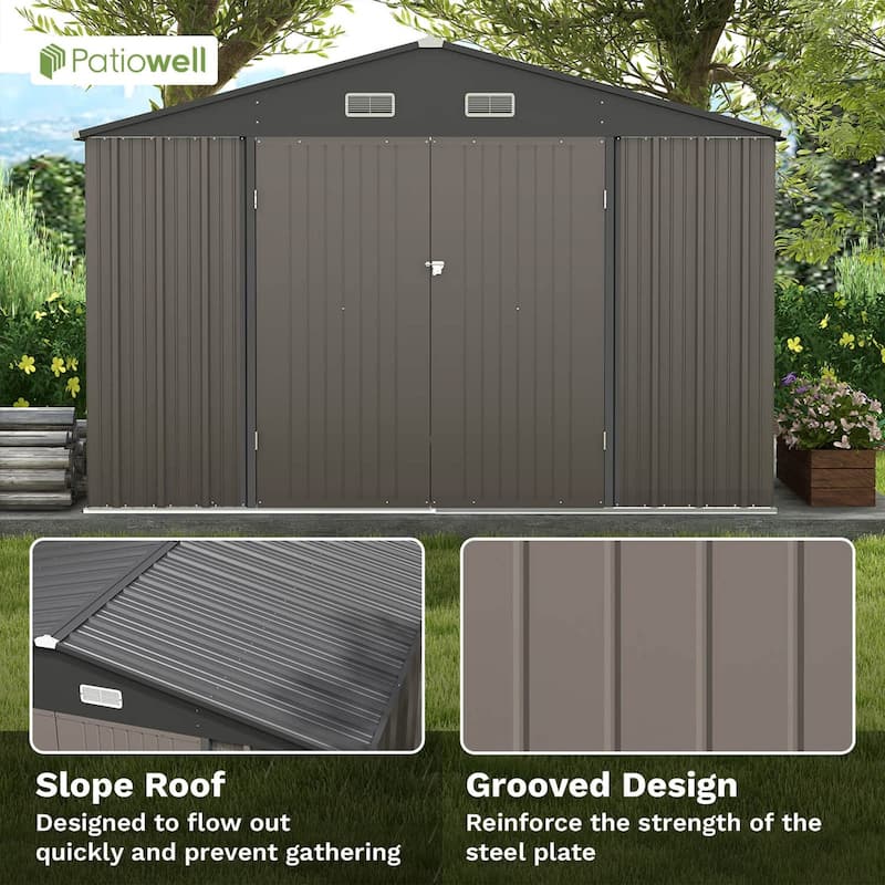 Patiowell 10' x 8'/10' x 10'Metal Outdoor Storage Shed with Goods Shelves/Floor Frame Garden Tool Shed for Backyard Garden